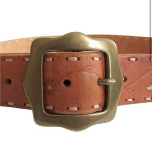 Lucky Brand Women’s Leather Belt 30 Tan Brass Buckle Birds Floral Nautical Boho